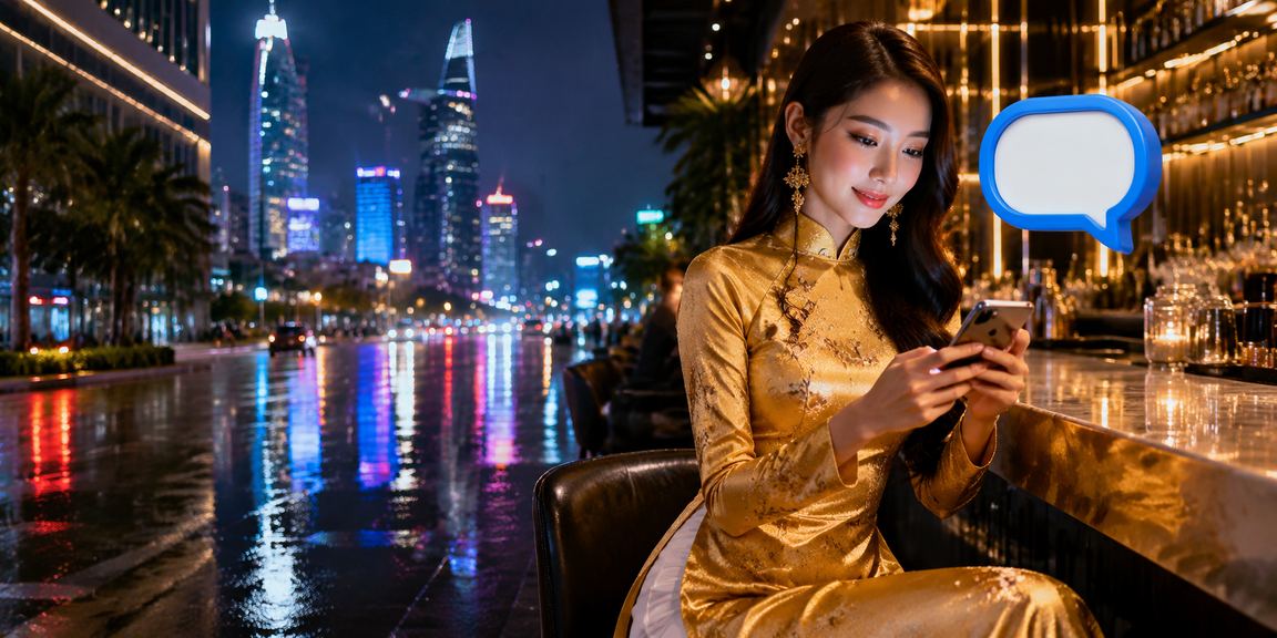 Người phụ nữ mặc áo dài theo dõi sự kiện thể thao và đặt cược qua điện thoại tại TP.HCM
